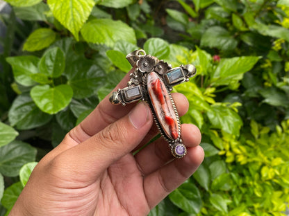 Unique Spiny Orange Oyster & Tibetan Silver Cross Pendant - Boho Chic Jewelry, Daily wear Pendant, Unisex Pendant,  Gemstone Pendant.