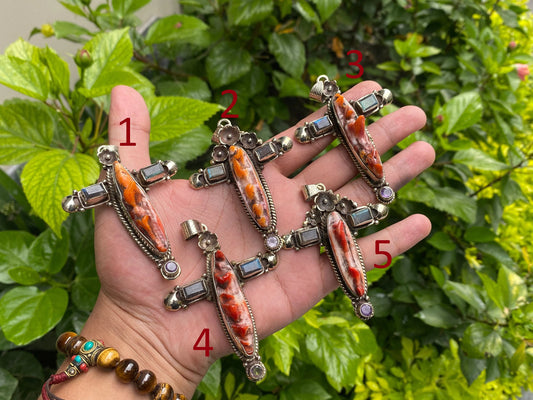 Unique Spiny Orange Oyster & Tibetan Silver Cross Pendant - Boho Chic Jewelry, Daily wear Pendant, Unisex Pendant,  Gemstone Pendant.