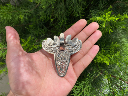 Unique Tibetan Silver Longhorn Bull Pendant with Intricate Buddha Carving with added turquoise and coral.