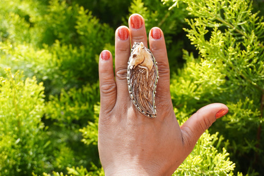 Unique Tibetan Silver Ring: Horse Face and Angel Wing Buffalo Bone Ring – A Symbol of Freedom and Protection, Animal lover Ring, Unique Gift