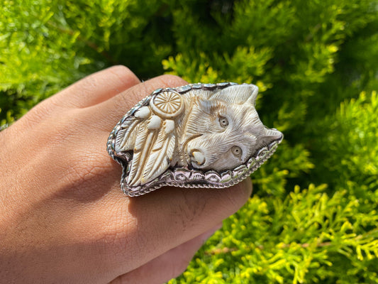 Unique Wolf Head Carved Buffalo Bone in Tibetan Silver Ring, For Daily Wear | Boho Ring, Animal Lover's Jewelry, Unisex Ring, Perfect Gift