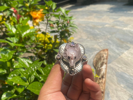 Unique Wolf head Ring, Adjustable Ring, Big Tibetan Silver Ring, Rose Quartz adorned with Natural Amethyst Stone.