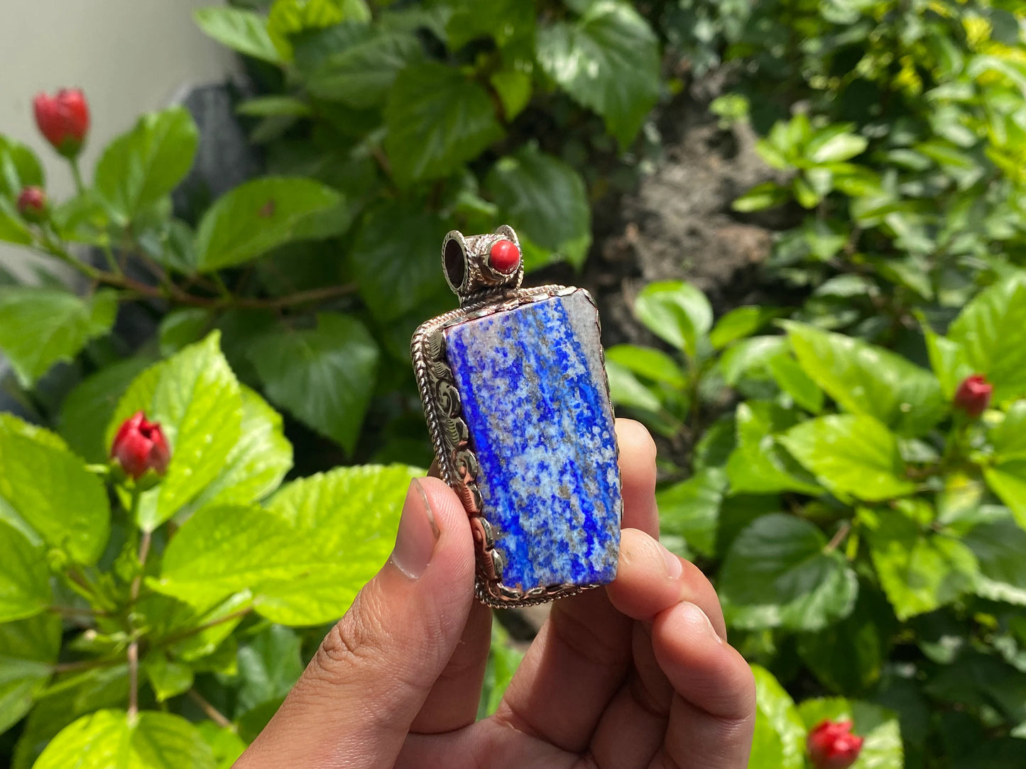 Unisex Floral Pendant - Lapis, Coral & Hammered Silver Handmade Statement Piece, Unique handmade pendant, Unisex gift ideas, Statement piece