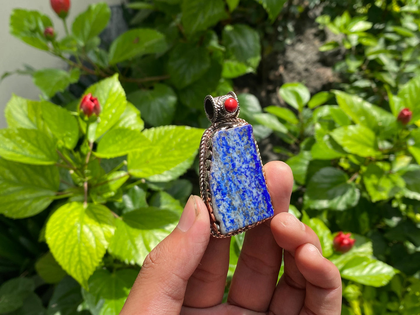Unisex Floral Pendant - Lapis, Coral & Hammered Silver Handmade Statement Piece, Unique handmade pendant, Unisex gift ideas, Statement piece