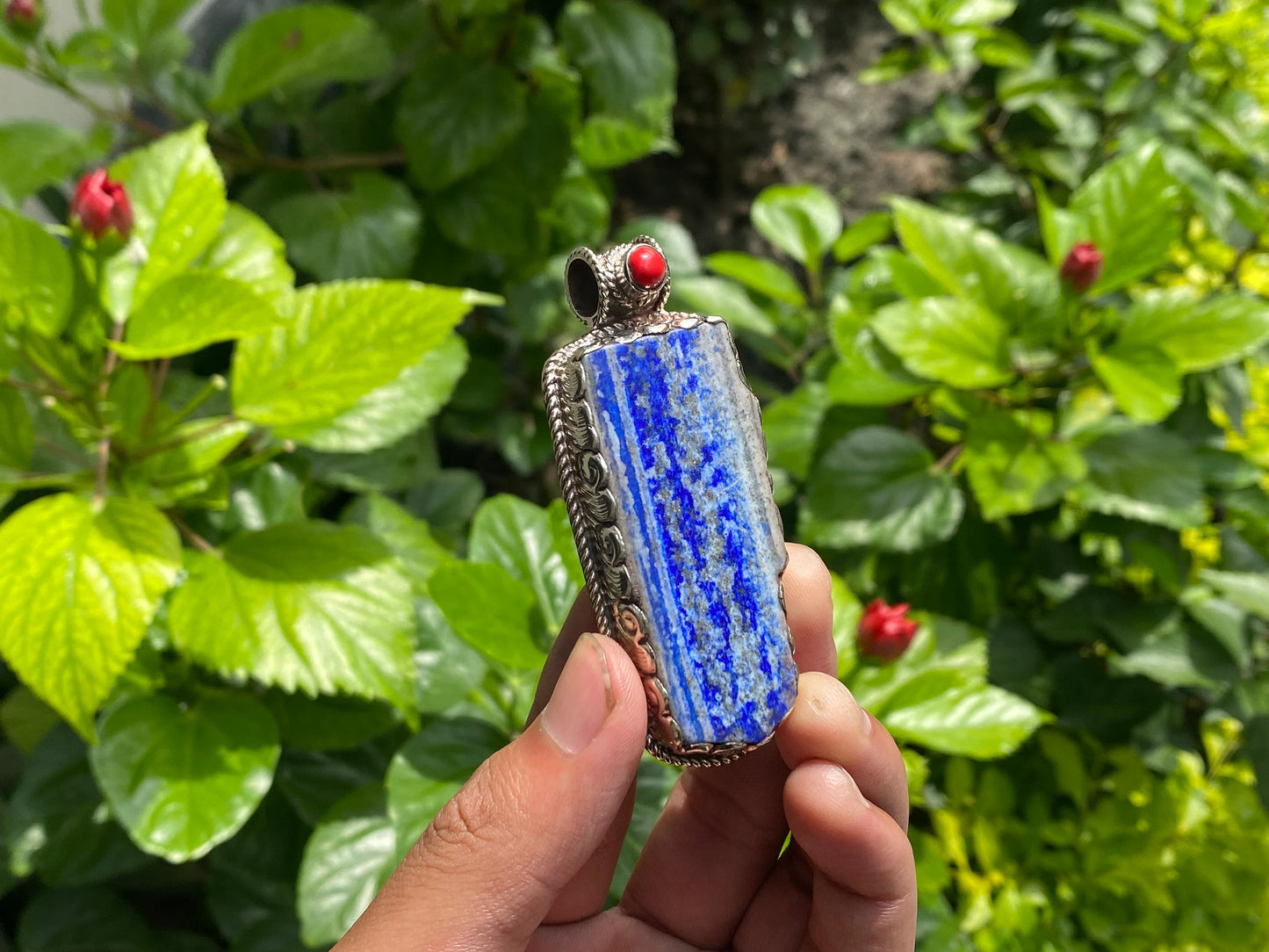 Unisex Floral Pendant - Lapis, Coral & Hammered Silver Handmade Statement Piece, Unique handmade pendant, Unisex gift ideas, Statement piece