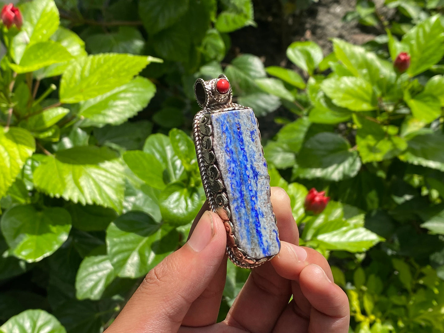 Unisex Floral Pendant - Lapis, Coral & Hammered Silver Handmade Statement Piece, Unique handmade pendant, Unisex gift ideas, Statement piece