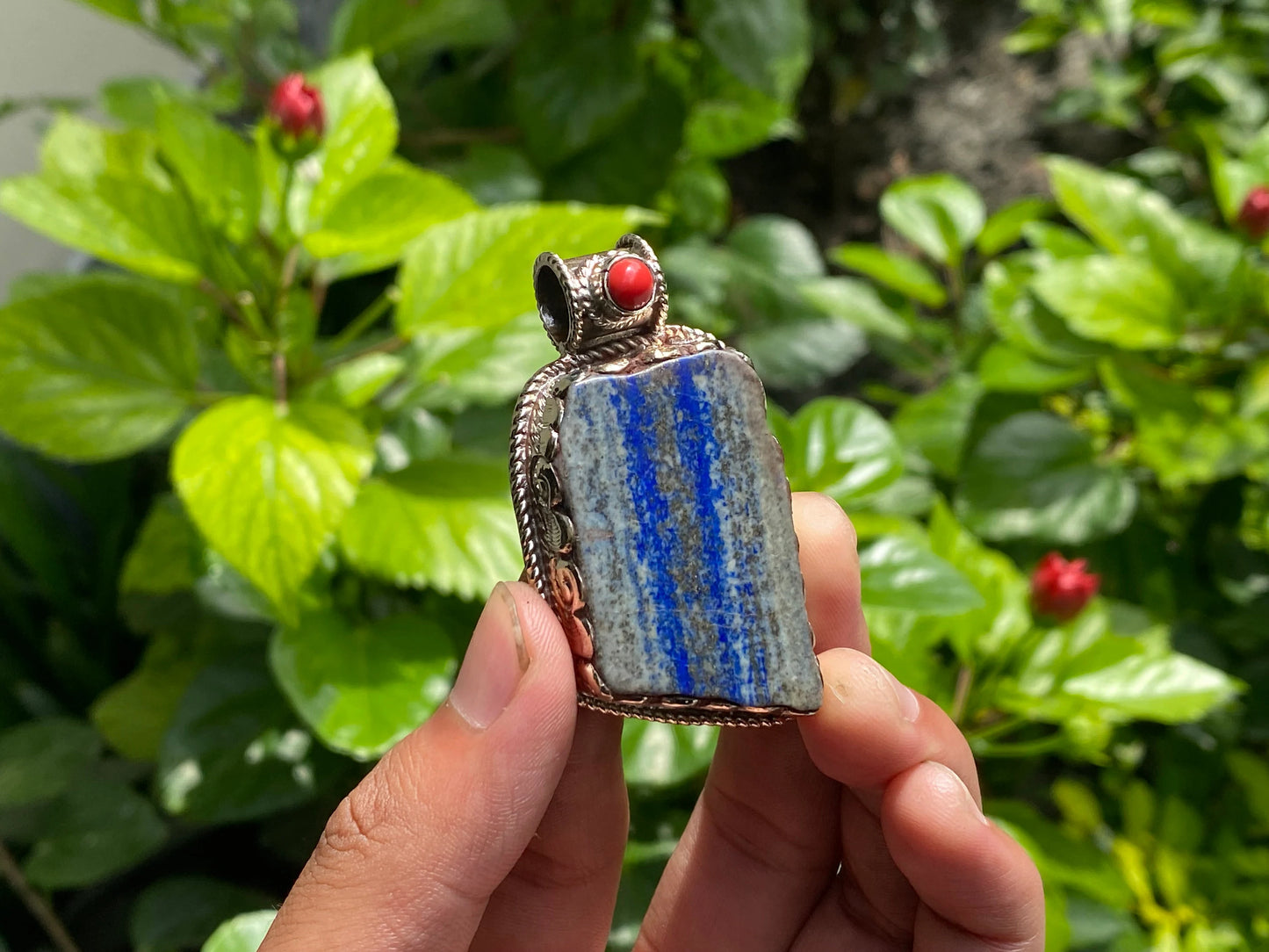 Unisex Floral Pendant - Lapis, Coral & Hammered Silver Handmade Statement Piece, Unique handmade pendant, Unisex gift ideas, Statement piece