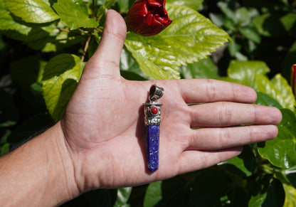Unisex Healing Pendant | Stylish and Unique Pendant from Nepal, Lapis Lazuli Pendant adorned with Red Coral, Daily Wear Pendant, Gift ideas