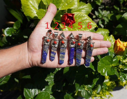 Unisex Healing Pendant | Stylish and Unique Pendant from Nepal, Lapis Lazuli Pendant adorned with Red Coral, Daily Wear Pendant, Gift ideas