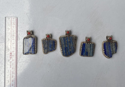 Unisex Raw Lapis & Red Coral Pendant with Tibetan Silver – Unique Floral Gift Idea, Healing pendant, Gift for her, Unique design pendant.