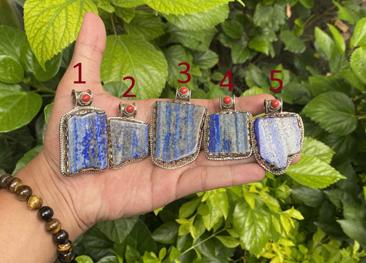 Unisex Raw Lapis & Red Coral Pendant with Tibetan Silver – Unique Floral Gift Idea, Healing pendant, Gift for her, Unique design pendant.