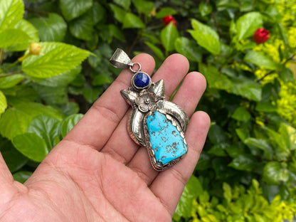 Unisex Turquoise and Lapis Pendant with Floral Tibetan Silver Detailing, Unique Tibetan Silver Pendant, Aesthetic design, Trendy Pendant.