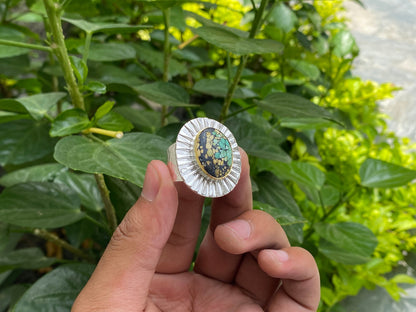 Versatile Two Tone Hammered Ring - Perfect for Daily Wear, Gift ideas for her, Healing Turquoise adorned Ring, Adjustable Aesthetic Ring.