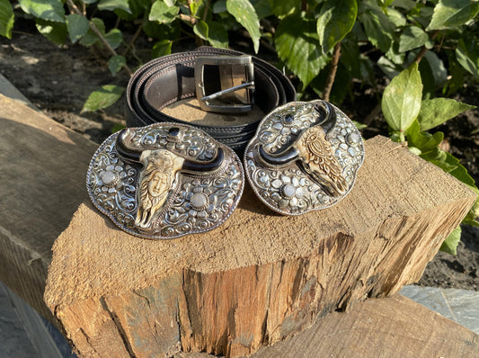 Warrior Face Buffalo Bone Belt Buckle with Wolf / Floral Carving, Vintage Tibetan Silver Buckle, Black Onyx & Moonstone, Boho Belt Accessory