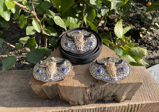 Western Wear inspired Belt Buckles for Daily wear, Buffalo bone with Moonstone & Lapish Lazuli, Bohemian Style Buckle, Unique Handmade Gift