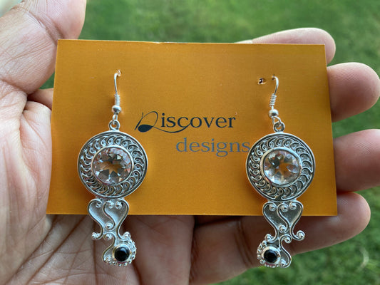 White topaz Earrings, Black Onyx Birthstone Earrings, Silver Overlay,Birthday Gift for Girlfriend,Handmade Dangle Earrings,Gemstone Earrings
