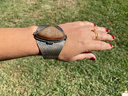 Adjustable Large Druzy Stone Antique Silver Looks, Wide Band Cuff, Hammered Cuff, Oxidize Silver Overlay Jewelry, Unique Jewelry