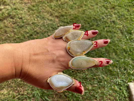 Two Tone Big Adjustable Druzy Ring, Brushed Gold with Silver Overlay Ring, Wide Band Ring, Statement Ring, Bridesmaid Gift, Hammered Ring
