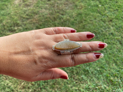Two Tone Big Adjustable Druzy Ring, Brushed Gold with Silver Overlay Ring, Wide Band Ring, Statement Ring, Bridesmaid Gift, Hammered Ring