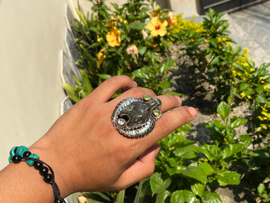 Wolf Head Rings: Symbolic Animal Skull Jewelry, Adjustable Ring, Crystal ring, Tibetan silver ring.