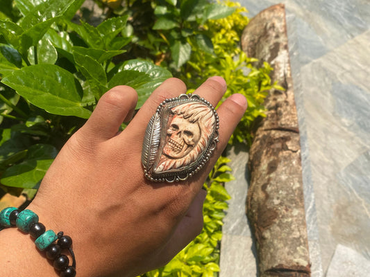 Women Skull Carved on buffalo bone, Tibetan Silver Ring, Big Adjustable Ring.
