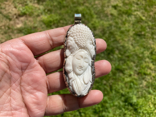 Bear & Eagle with Lady Face Hand Carved Buffalo Bone Tibetan Silver Pendant, Women's or Men Jewelry, Tribal Jewelry, Ethnic Bohemian Jewelry