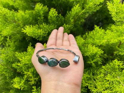 Large Adjustable Natural Emerald Antique Silver Cuff Bracelet | Hammered Oxidized Silver Overlay Jewelry, Unique Bracelet for daily use