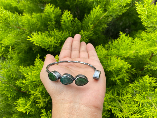 Large Adjustable Natural Emerald Antique Silver Cuff Bracelet | Hammered Oxidized Silver Overlay Jewelry, Unique Bracelet for daily use