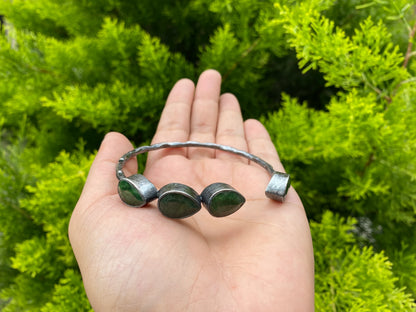 Large Adjustable Natural Emerald Antique Silver Cuff Bracelet | Hammered Oxidized Silver Overlay Jewelry, Unique Bracelet for daily use