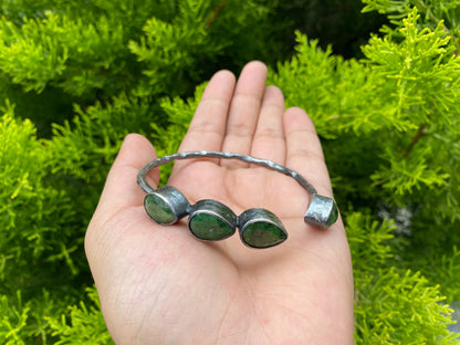 Large Adjustable Natural Emerald Antique Silver Cuff Bracelet | Hammered Oxidized Silver Overlay Jewelry, Unique Bracelet for daily use