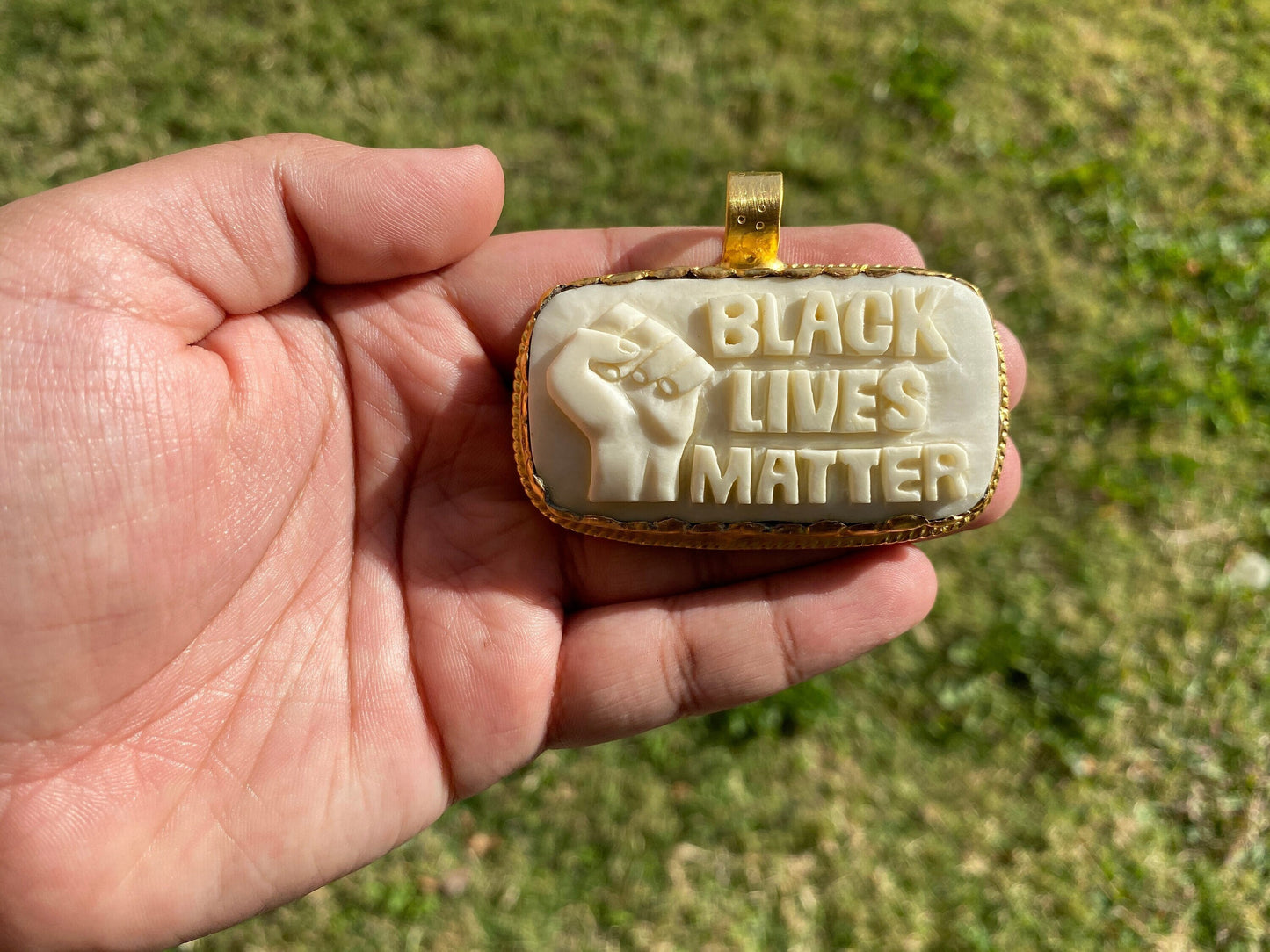 Black Lives Matter, High Quality 18K Matte Gold Overlay Non Tarnish, Hand carved Buffalo Bone Unisex Pendant, Support for Black People, BLM