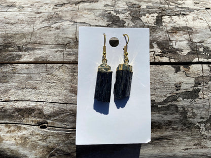 Raw Black Tourmaline Earrings, Gold Electroplated, Raw Gemstone Earrings, Dangle Earring, Gifts for Mom, Mothers Day Gift, Healing Crystal