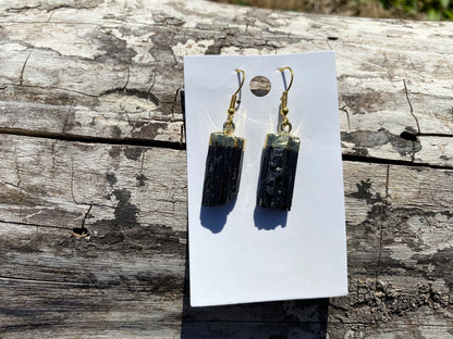 Raw Black Tourmaline Earrings, Gold Electroplated, Raw Gemstone Earrings, Dangle Earring, Gifts for Mom, Mothers Day Gift, Healing Crystal