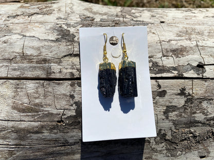 Raw Black Tourmaline Earrings, Gold Electroplated, Raw Gemstone Earrings, Dangle Earring, Gifts for Mom, Mothers Day Gift, Healing Crystal