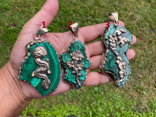 Raw Malachite Slab Natural Stone Tibetan Silver Pendant, Ethnic Jewelry, Energy Stone Pendant, Birthstone, Healing Crystal, Freeform Stone
