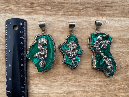 Raw Malachite Slab Natural Stone Tibetan Silver Pendant, Ethnic Jewelry, Energy Stone Pendant, Birthstone, Healing Crystal, Freeform Stone