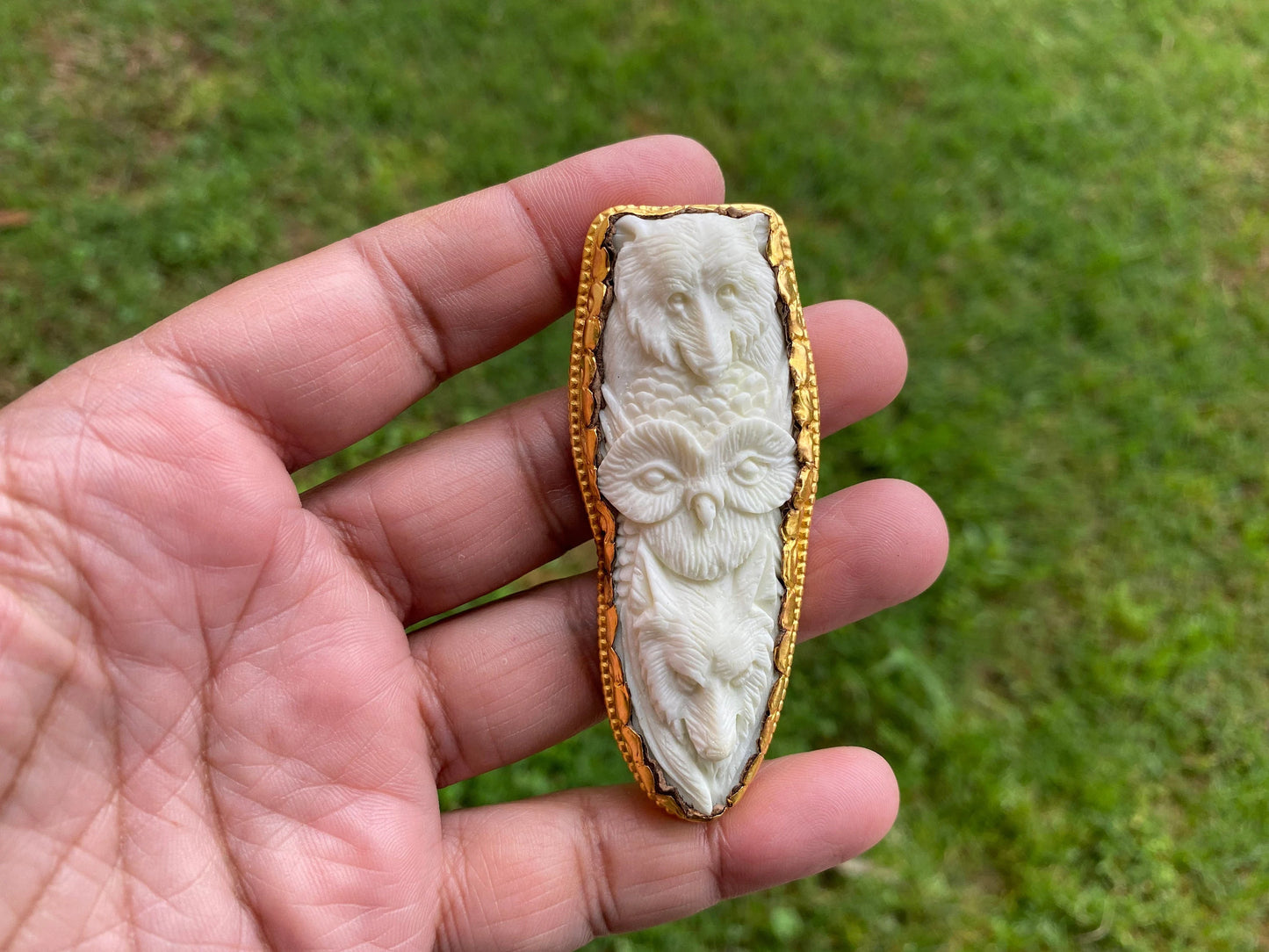 Large Bear & Owl with Wolf Bone Pendant, 18k Matte Gold Overlay Non Tarnish Unisex Jewelry, Animal Lovers, Bohemian Jewelry, Tribal Jewelry