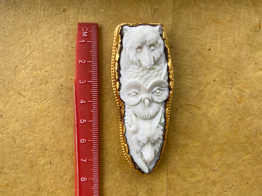 Large Bear & Owl with Wolf Bone Pendant, 18k Matte Gold Overlay Non Tarnish Unisex Jewelry, Animal Lovers, Bohemian Jewelry, Tribal Jewelry