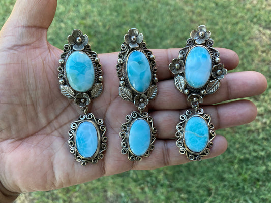 Larimar Natural Stone Tibetan Silver Pendant, Jewelry for Men or Women, Ethnic Jewelry, Energy Stone Pendant, Birthstone, Hill Tribe, Boho