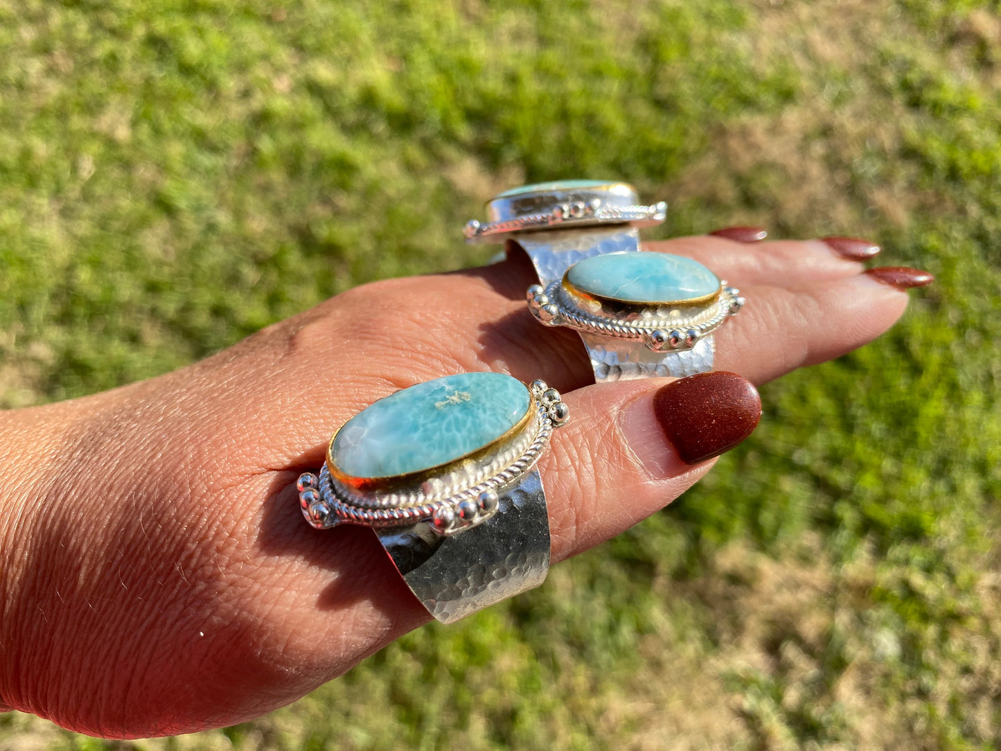 Larimar Two Tone Big Adjustable Ring, Brushed Gold & Silver Overlay, Natural Gemstone Ring, Statement Ring, Bridesmaid Gift, Hammered Ring