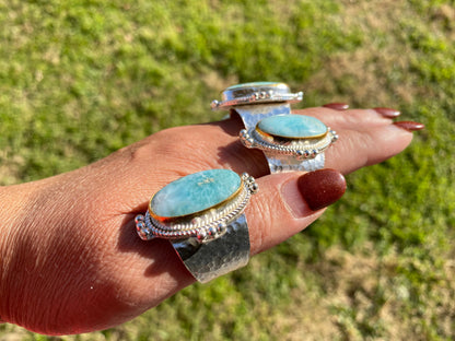 Larimar Two Tone Big Adjustable Ring, Brushed Gold & Silver Overlay, Natural Gemstone Ring, Statement Ring, Bridesmaid Gift, Hammered Ring