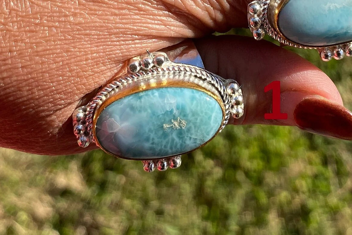 Larimar Two Tone Big Adjustable Ring, Brushed Gold & Silver Overlay, Natural Gemstone Ring, Statement Ring, Bridesmaid Gift, Hammered Ring