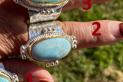 Larimar Two Tone Big Adjustable Ring, Brushed Gold & Silver Overlay, Natural Gemstone Ring, Statement Ring, Bridesmaid Gift, Hammered Ring