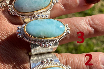 Larimar Two Tone Big Adjustable Ring, Brushed Gold & Silver Overlay, Natural Gemstone Ring, Statement Ring, Bridesmaid Gift, Hammered Ring