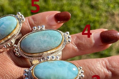 Larimar Two Tone Big Adjustable Ring, Brushed Gold & Silver Overlay, Natural Gemstone Ring, Statement Ring, Bridesmaid Gift, Hammered Ring