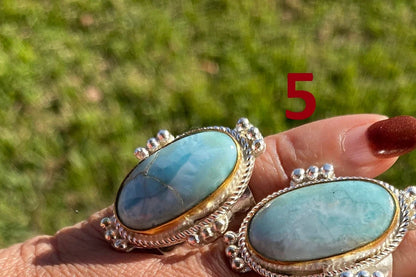Larimar Two Tone Big Adjustable Ring, Brushed Gold & Silver Overlay, Natural Gemstone Ring, Statement Ring, Bridesmaid Gift, Hammered Ring