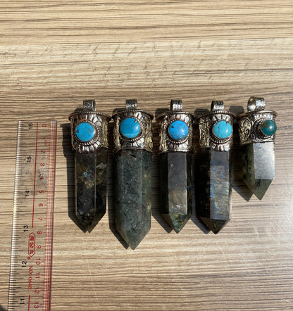 Pointed Labradorite or Prehnite with Turquoise Tibetan Silver Pendent , Handcrafted Pointed Labradorite  and Prehnite for Necklace