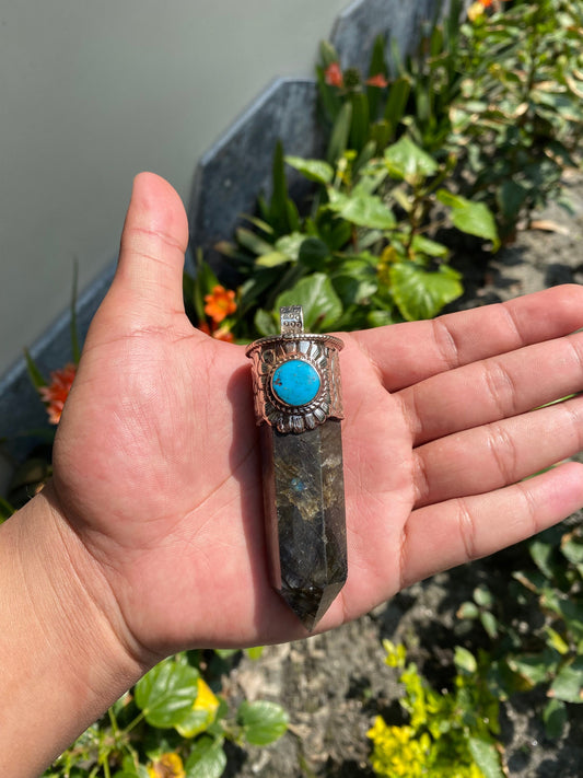 Pointed Labradorite or Prehnite with Turquoise Tibetan Silver Pendent , Handcrafted Pointed Labradorite  and Prehnite for Necklace