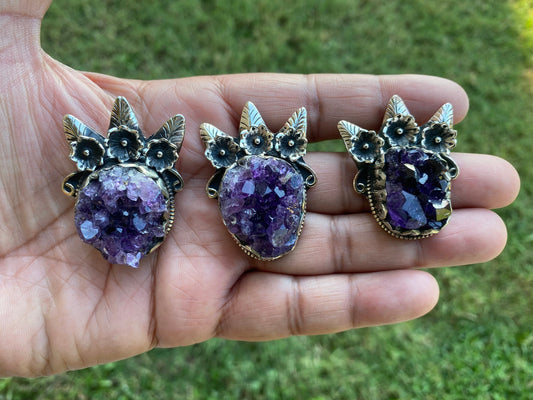 Raw Amethyst Druzy Natural Stone Tibetan Silver Pendant, Healing Pendant, Hill Tribe Women's Jewelry, Birthstone Pendant, Pendant Necklace