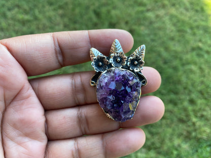 Raw Amethyst Druzy Natural Stone Tibetan Silver Pendant, Healing Pendant, Hill Tribe Women's Jewelry, Birthstone Pendant, Pendant Necklace